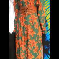 Quality Ladies Cotton Green Orange Flower Design Sitting Button Long Sleeve Belt  Free Gown - Occasion / Casual ,