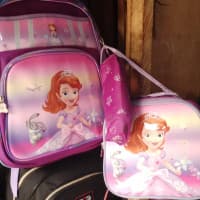 Quality pink Leather Sofia the first school Back Bag and leather Lunch box for girls.